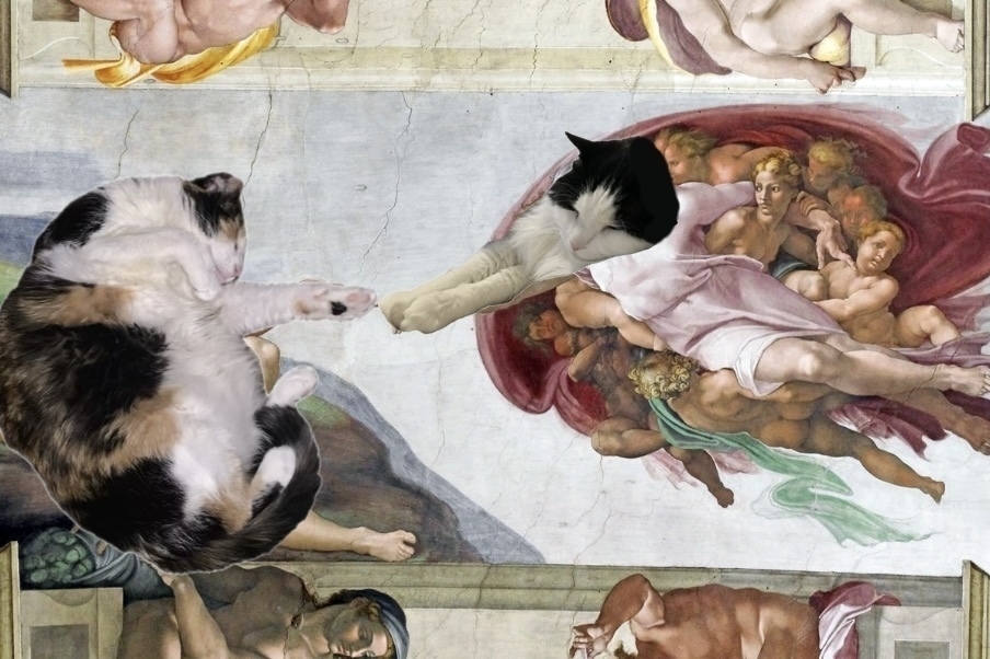 The Creation of Adam painting with two cats overlaid on Adam and God respectively, with their outstretched paws touching